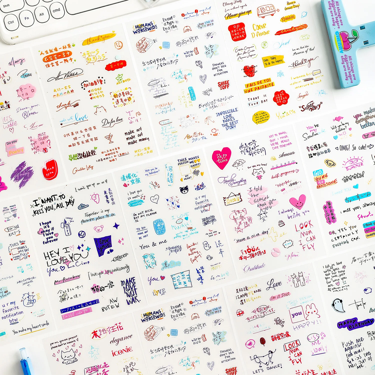 4 Sheets Sweet Letter Theme Sticker Set for Journaling Adhesive Words Crafts DIY Waterproof PET Scrapbook