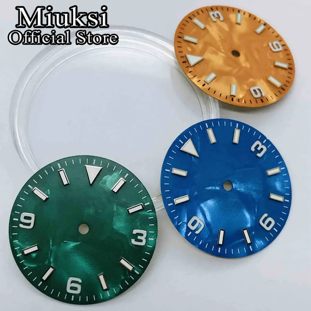 Miuksi 29mm black blue green orange watch dial luminous fit NH35 NH36 ETA2824 2836 Miyota 8205 8215 Mingzhu DG2813 3804 movement