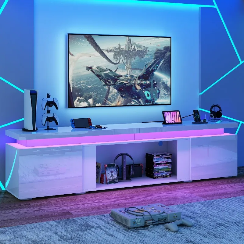 71Inch LED TV Stand for 80Inch TV, Modern TV Stand with Power Outlet, High Gloss TV Console Entertainment Center with