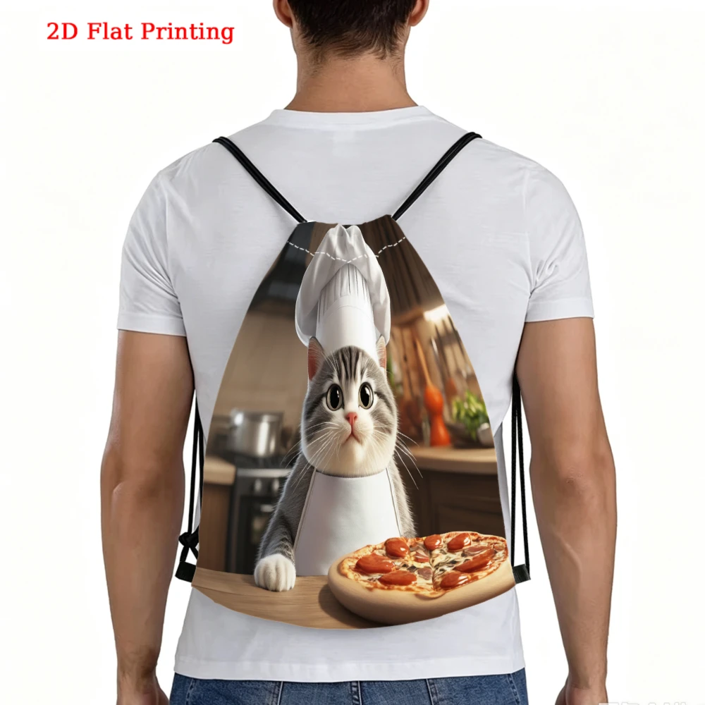 Cartoon Chef Cat Pizza 2D Printed Drawstring Backpack for Fitness Sports Outdoor Travel