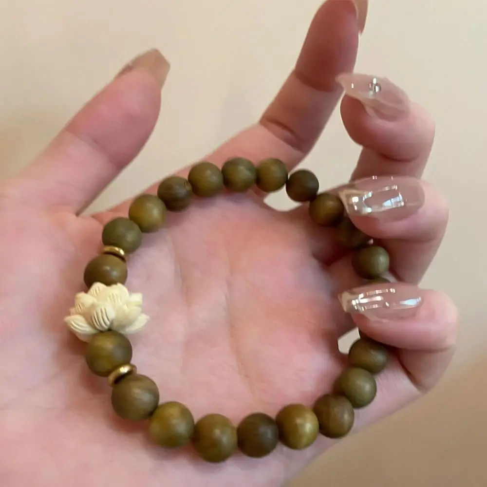 Lotus Sandalwood Bangle Wood Beaded Strand Bracelets Green Natural Sandalwood Bracelet Elastic Handwoven Rosary Jewelry