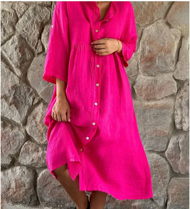 

2026 Fashion Casual Solid Color New Women's Dress Basic Cotton Linen Solid Color Standing Neck Button Quarter Sleeve Dress