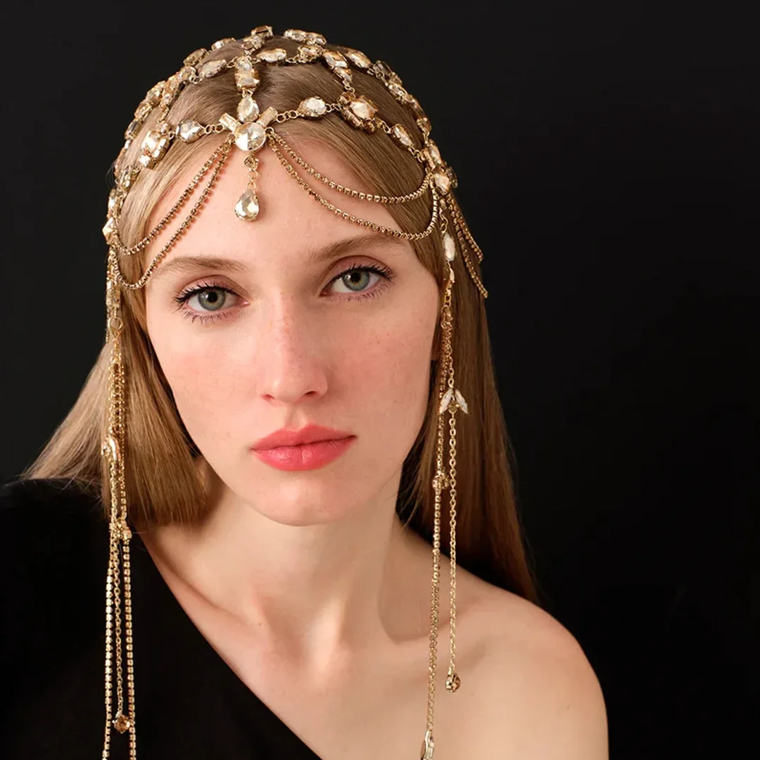 Fashion Red Rhinestone tassel headband Bridal Wedding Women bride Party hairband forehead chain hair accessories Hair Chain Gift