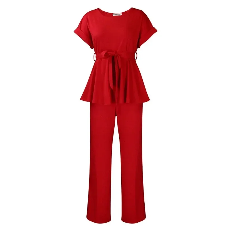 2 Piece African Clothes for Women Summer Elegant Short Sleeve Blue Red White Black Top Long Pant Matching Sets Africa Clothing image 4