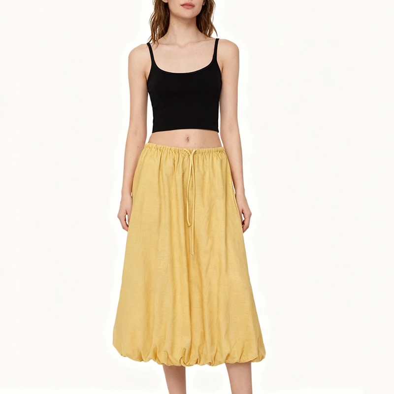 Women Cotton Linen Skirts High-waisted Elastic Waist Yellow White Flower Bud A-Line Summer New Arrival Elegant Casual Long Skirt