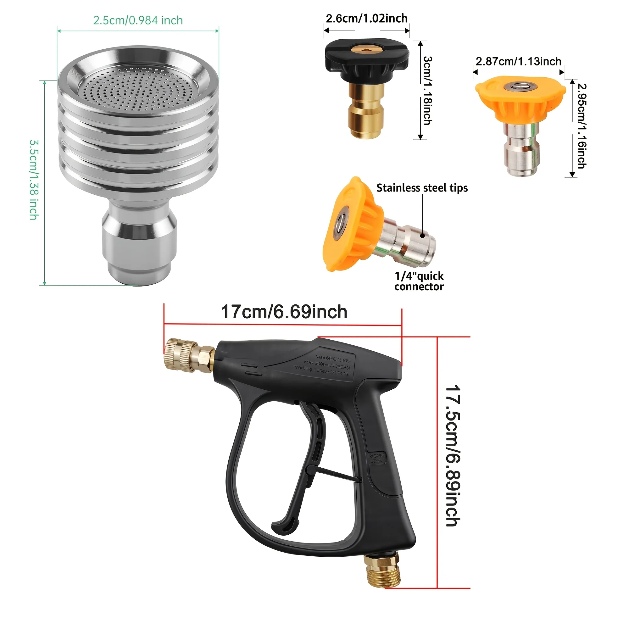 Portable High Pressure Washer Gun, 6 Nozzle Tips, 300 Bar/4350 PSI, 1/4