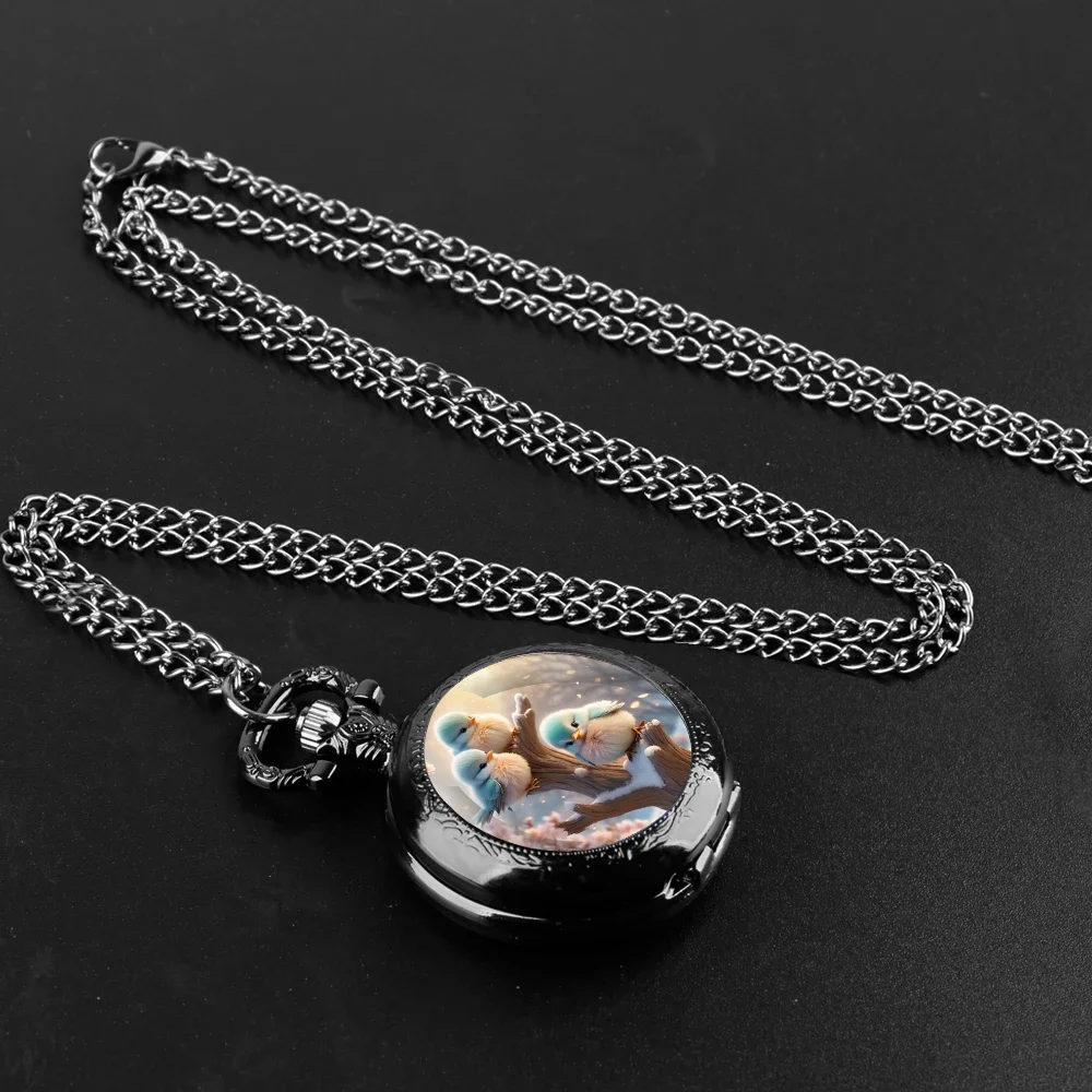 Tiny Blue Birds Glass Dome Quartz Pocket Watch With Durable Chain Arabic Numeral Dial Creative Gifts for Men Women Kids