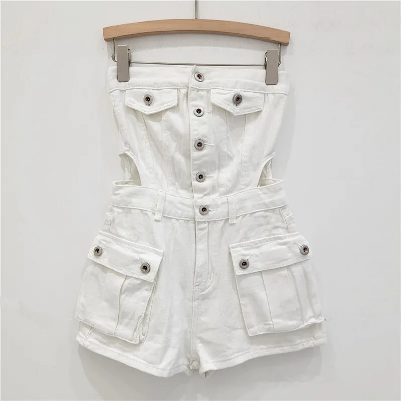 HKSH Pakaian Jalanan Y2K Wanita Baru Musim Panas Celana Pendek Denim Kasual Jumpsuit Tanpa Tali Banyak Saku Kancing Antik Mode Ins HK5527