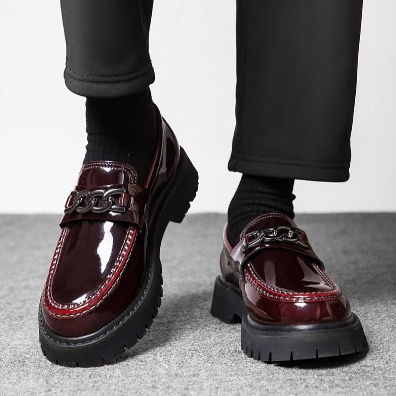 New Platform Shoes Loafers Men Thick-soled Wedding Shoe Black Bright Surface Business Shoes Slip-on Leather Increase Casual Shoe