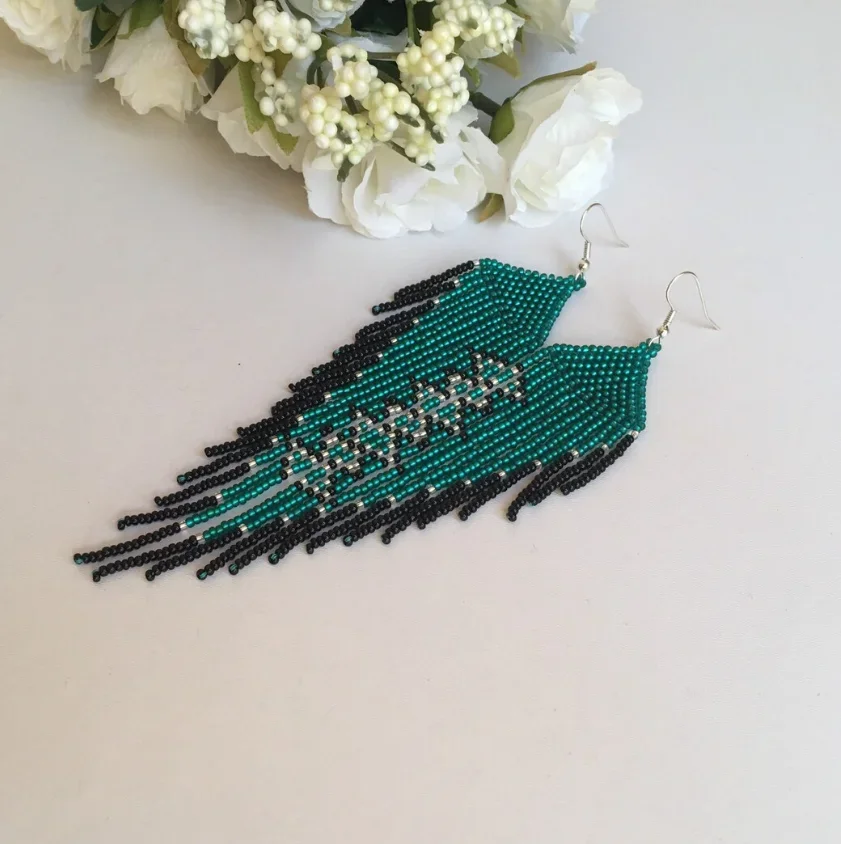 ZGMXR Bohemia Fashion Female Rice Bead Earrings with Tassel Geometry Symmetry Design Hand Knitted Simple Beaded Jewelry Rainbow