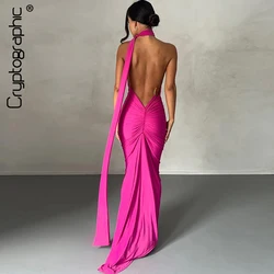 Kryptograficzna seksowna Backless nieregularna sukienka Maxi kobiety stroje elegancka klubowa suknia Vestido zmarszczony, długi sukienki bez rękawów