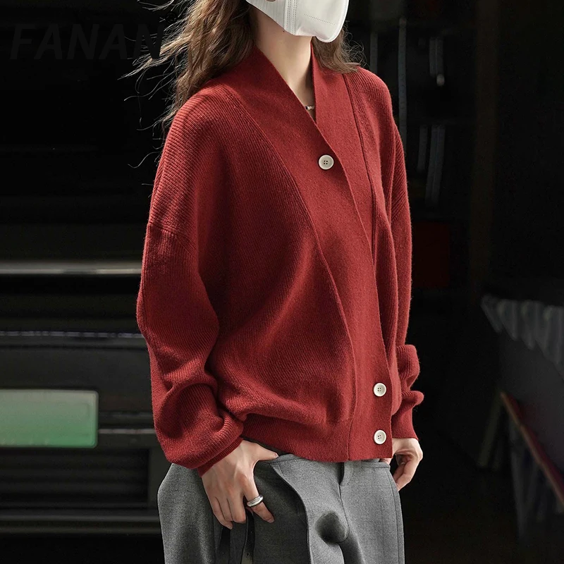 

FANAN асимметричный дизайн, шерстяной вязаный кардиган, свитер для женщин, офисные женские пальто на одной пуговице, темпераментные топы, новинка осени 2023 г.