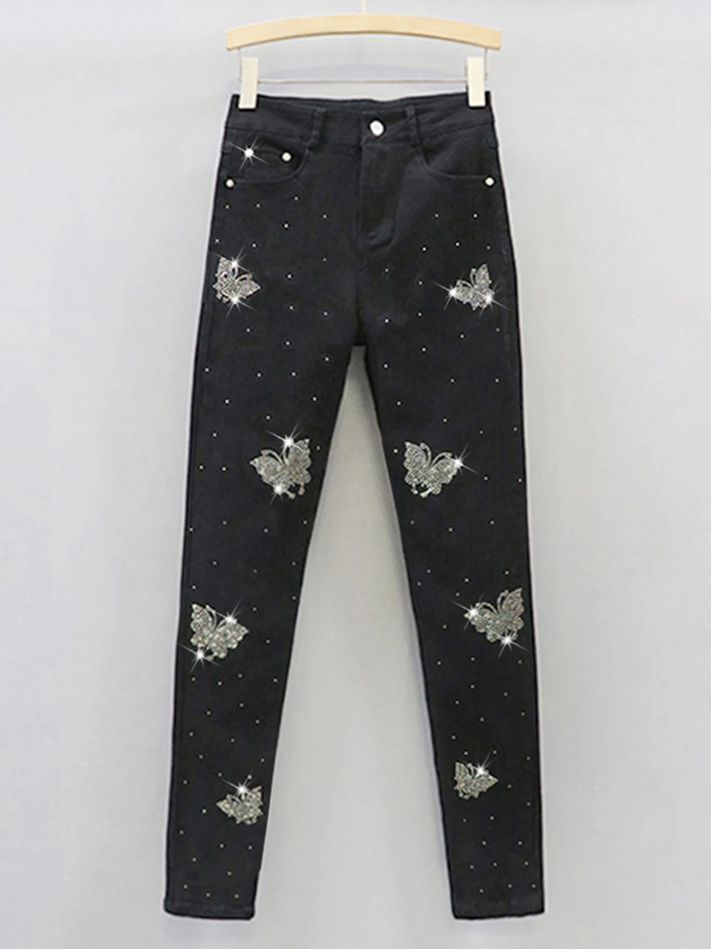 

High Waist Slim Fit Denim Jeans Spring Summer New Korean Style Rhinestone Embellished Elastic Ankle-Length Pencil Pants
