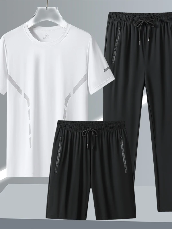 

Ice Silk Sports Set Men's Summer Loose Breathable ort Sve Long Pants Casual Faion Thin Qui Dry Tee-piece Suit