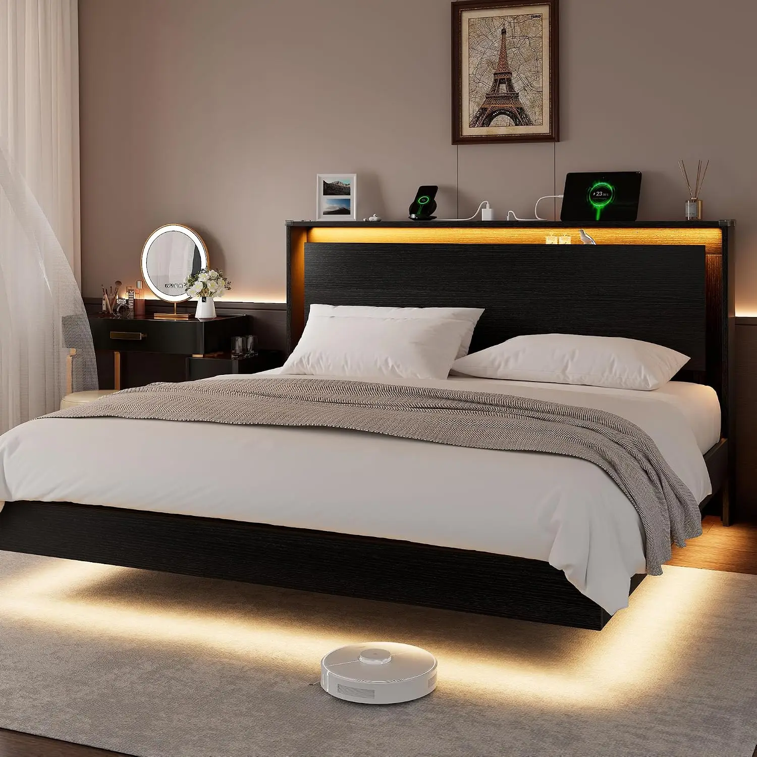 King Bed Frame LED Lights Charging Station Wood Floating Storage Headboard Slats Noise-Free Easy Assembly Black, Customized