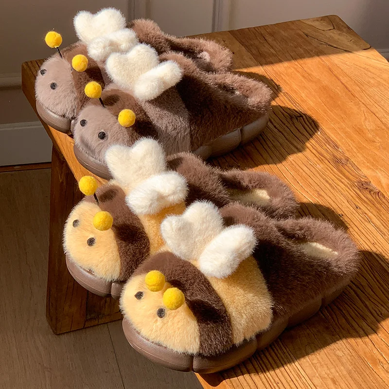 Cute Little Bee Slippers For Women Winter Warm Plush Fur House Shoes 3D Heart Wings Thick Platform Anti-Skid Indoor Home Bootie view 3