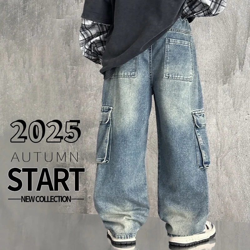 

Boy Jeans Ages 4-14Y Child Cargo Pants Tween Boy Denim Student Spring Autumn LongTrousers Toddler Straight Vintage Fashion Jeans