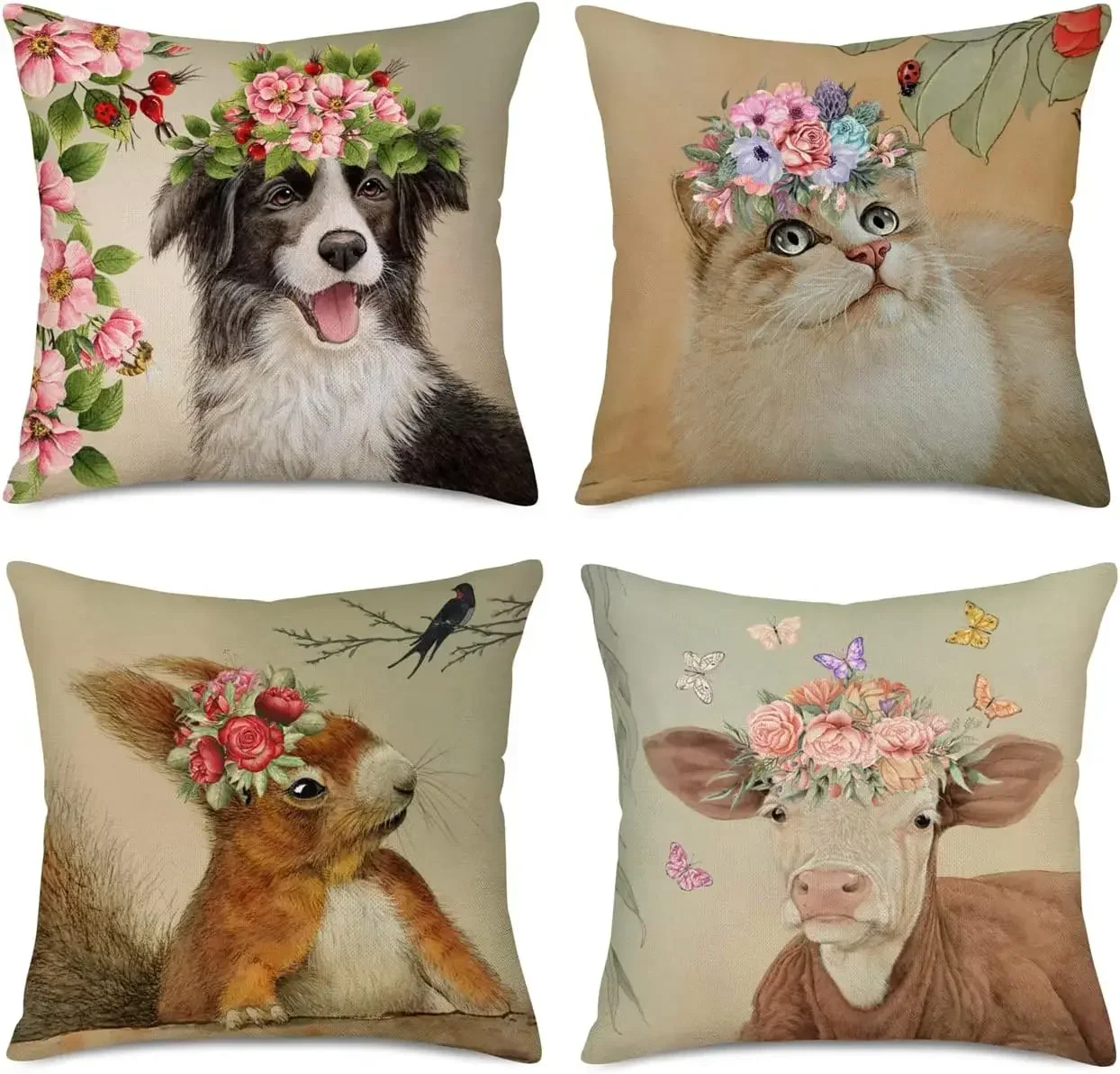 Flower and Leaf Animal Pillow Case Cute Dog Cat Squirrel Spring Decoration Pillow Cover Home Sofa Decoration Cushion Cover