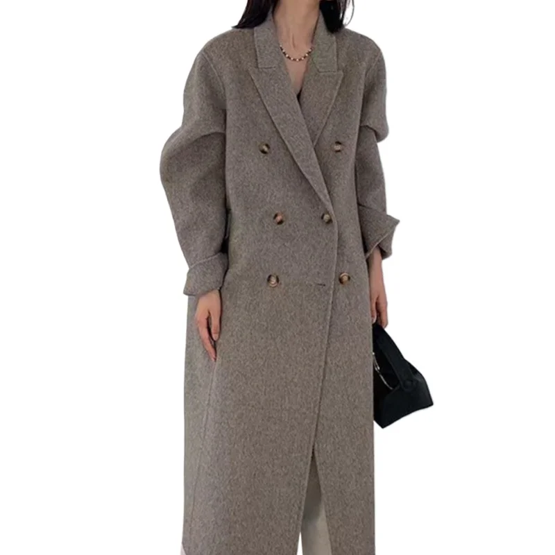 

Winter Women Coat Warm 2024 Long Woollen Coats and Blends Double Breasted Lapel Double Faced Velvet Clothing Elegant Overcoat