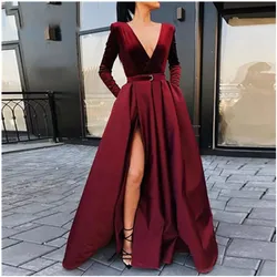 Grace Robe Soirée Femme Luxe V-Neck Long Sleeve Slit Sexy Long Evening Dress Wedding Guests Reception red Dress Bridesmaid Dress