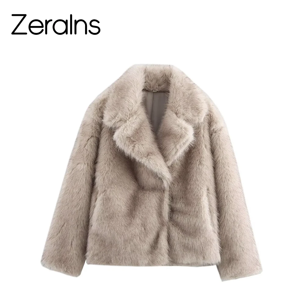 

ZERAINS European and American style women's clothing new fashion temperament lapel faux fur effect fur coat