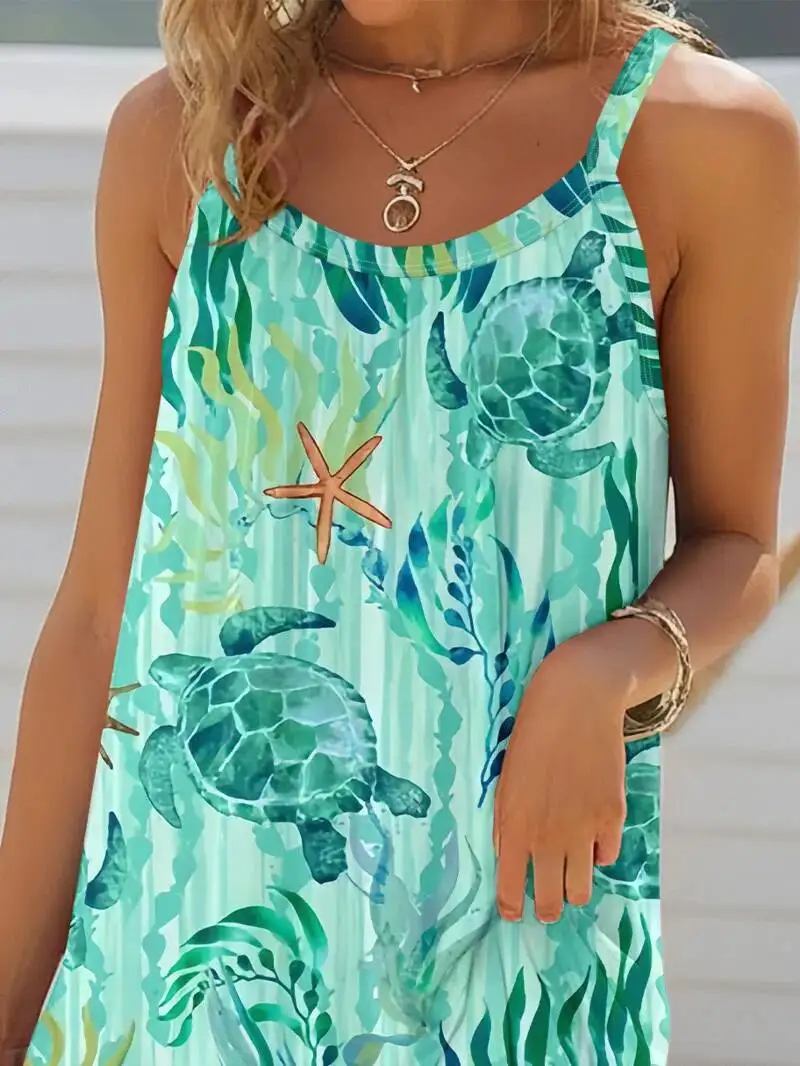 2025 Abito estivo da donna senza maniche con stampa Abito casual Abito estivo per le vacanze Abbigliamento donna Verde Moda Abito donna sexy MZZ1