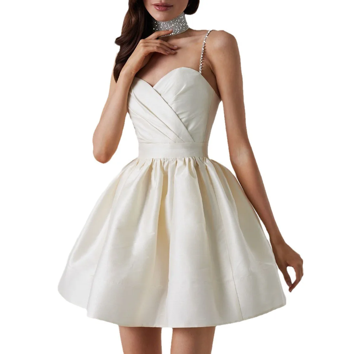 V Neck Patchwork Gown a Line Elegant with Spaghetti Strap Zipper Closure Rhinestone Embellishment Dress Summer for Women