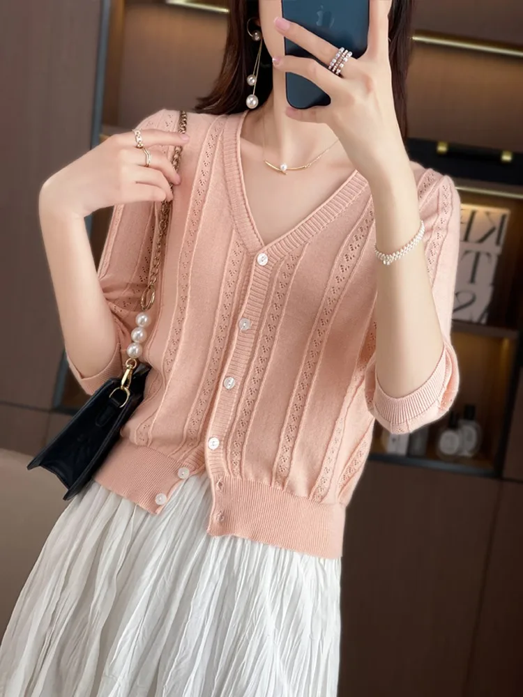 Cardigan aperto ort Sve V-Ne lavorato a maglia in puro cotone Capispalla estivo leggero da donna Vestibilità ampia Lunghezza regolare