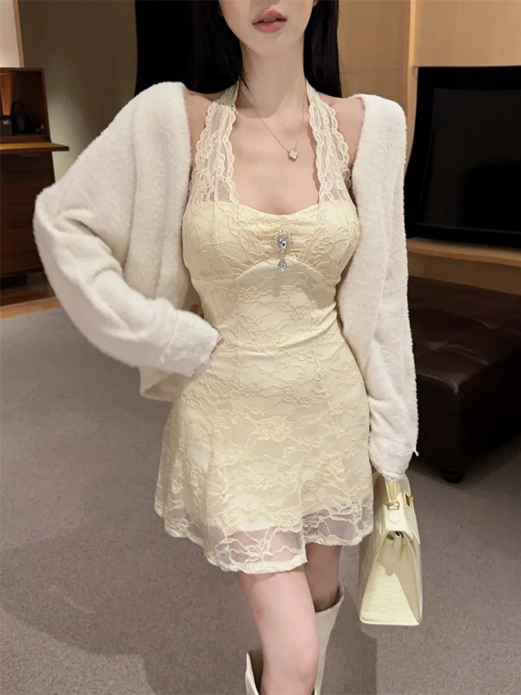 

Korean Style Lace Splice Hollow out Knitted Dress Women's Autumn New Style Two-Piece Set Neck Hanging Dress Sleeve Long Coat