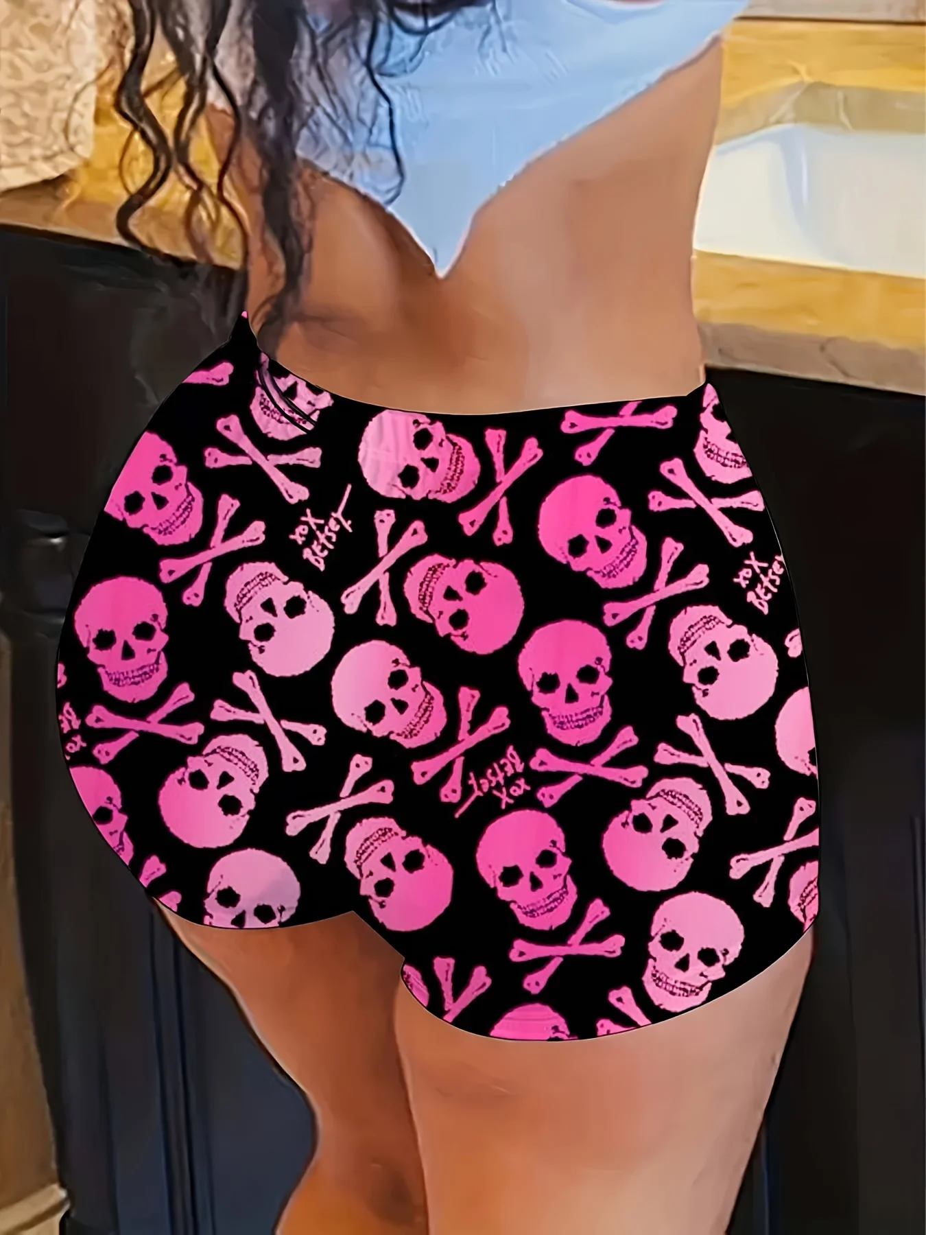 

Розовые эластичные узкие шорты с высокой талией и черепом для женщин | Острый принт черепа, уличный стиль готического панка, леггинсы, похожий крой