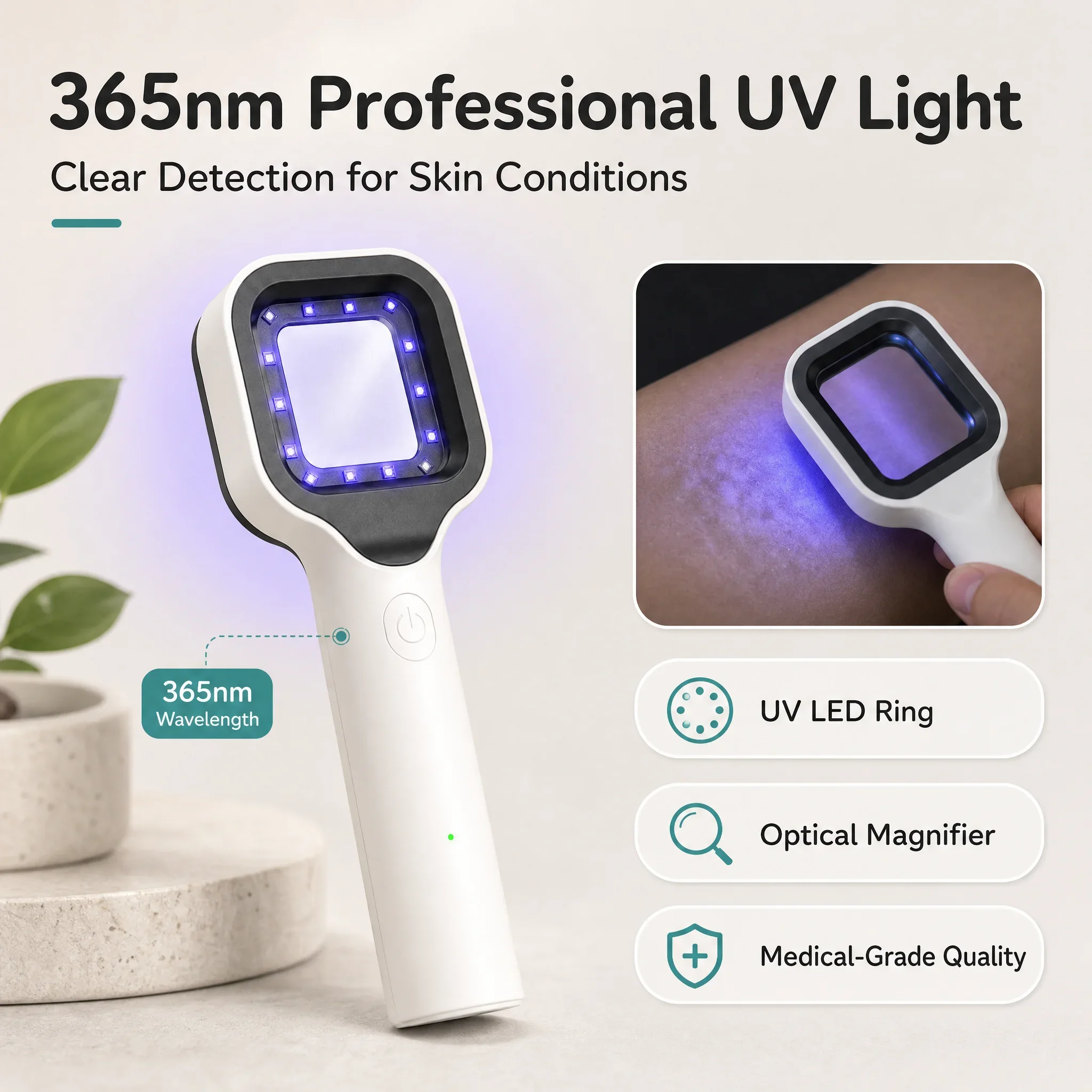 Rechargeable Handheld 365nm Wood Lamp UV Light Magnifier Pet Skin Detection Gemstone Authenticator Torch