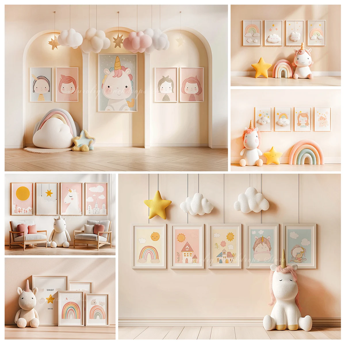 Wall With Four Posters of Childrens Drawings Backdrop Unicorn Kids Adult Photography Props Child Baby Photocall Decor