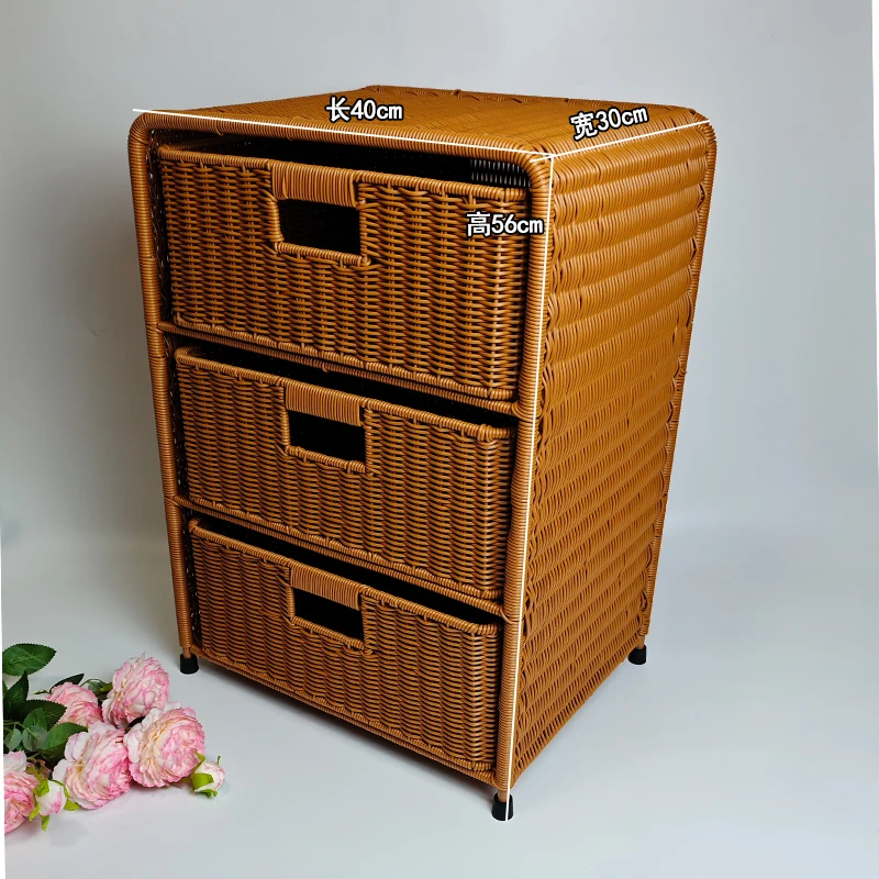 Chinese Style Woven Rattan Three-Layer Storage Cabinet Sofa Side Table Large Home Drawer Bedside Organizer