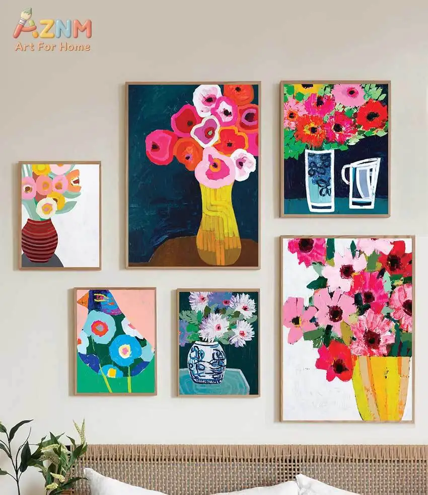 AZNM Vibrant Hand Drawn Floral Vase Abstract Art Frameless Canvas Poster Colorful Boho Living Room Interior Wall Art Decor