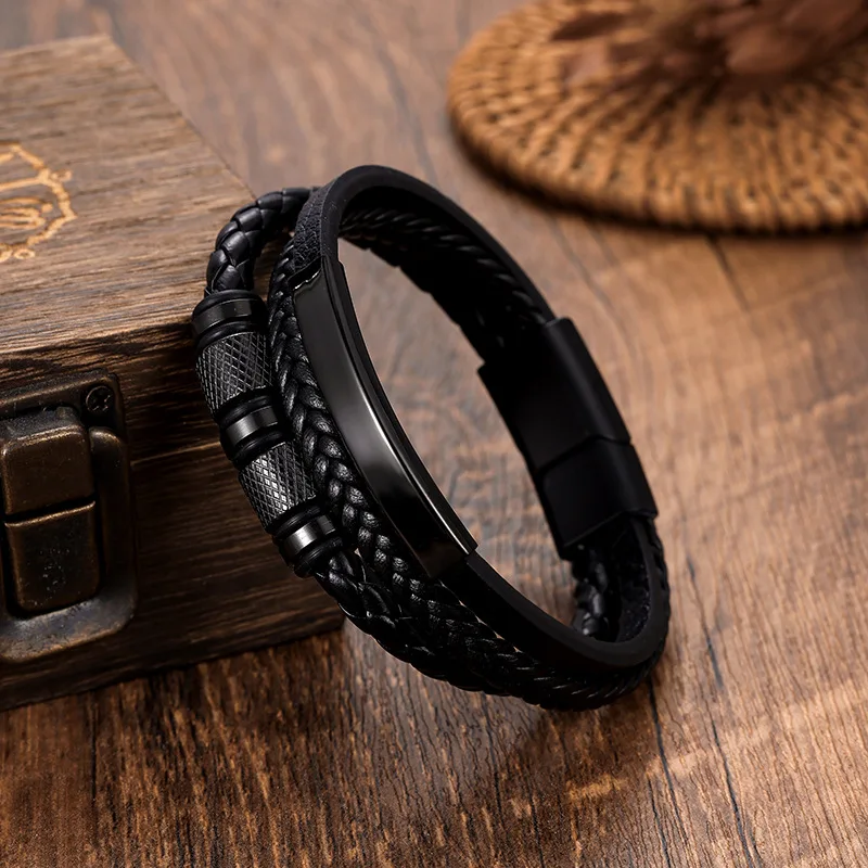 1PC Curved PU Leather Multi-Layer Bracelet, Braided Wristband, Fashion Accessory for Men, Ideal Choice for Special Occasions