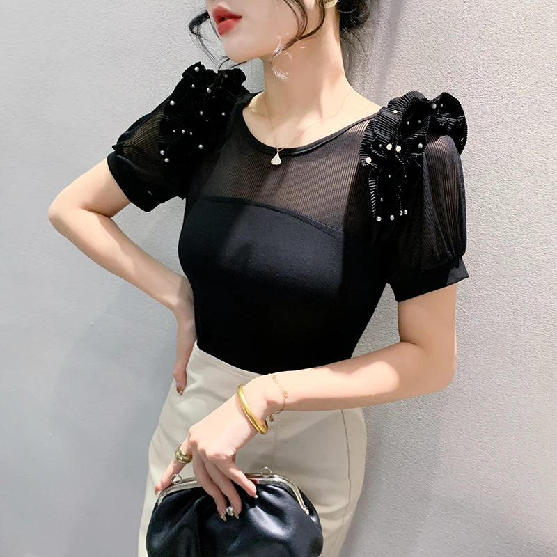 

Black Summer Korean Style T-Shirt Women Sexy Ruffle Shiny Beading Cotton Patchwork Tops Short Sleeve Elastic Tees 2024 New 43161