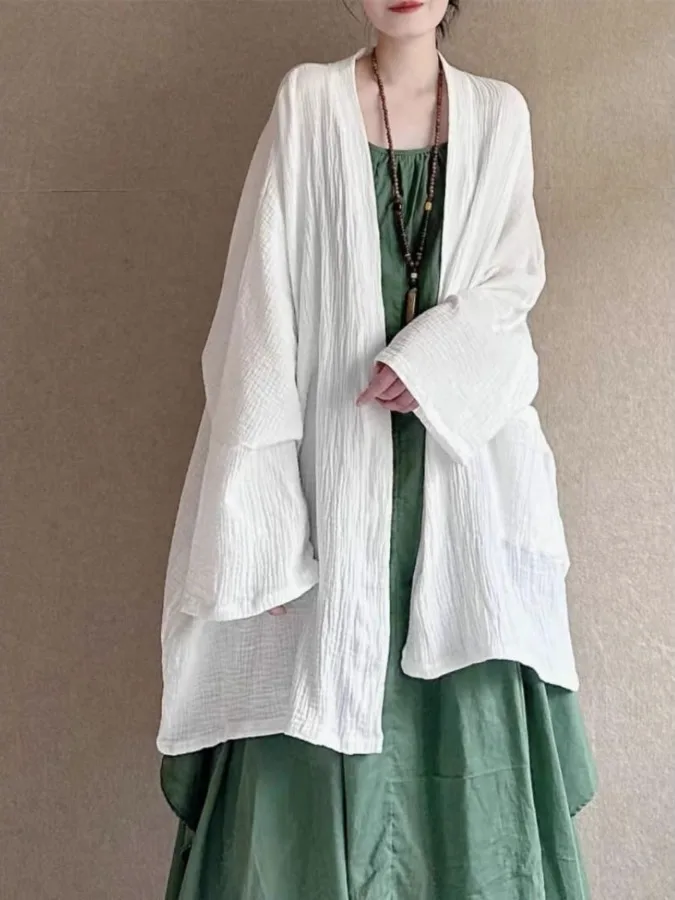 

Женская льняная майка в стиле бохо средней длины с запахом, свободная посадка, длинная свеча V-Ne, тонкая осенняя мода для поездок на работу, дзен-Дух