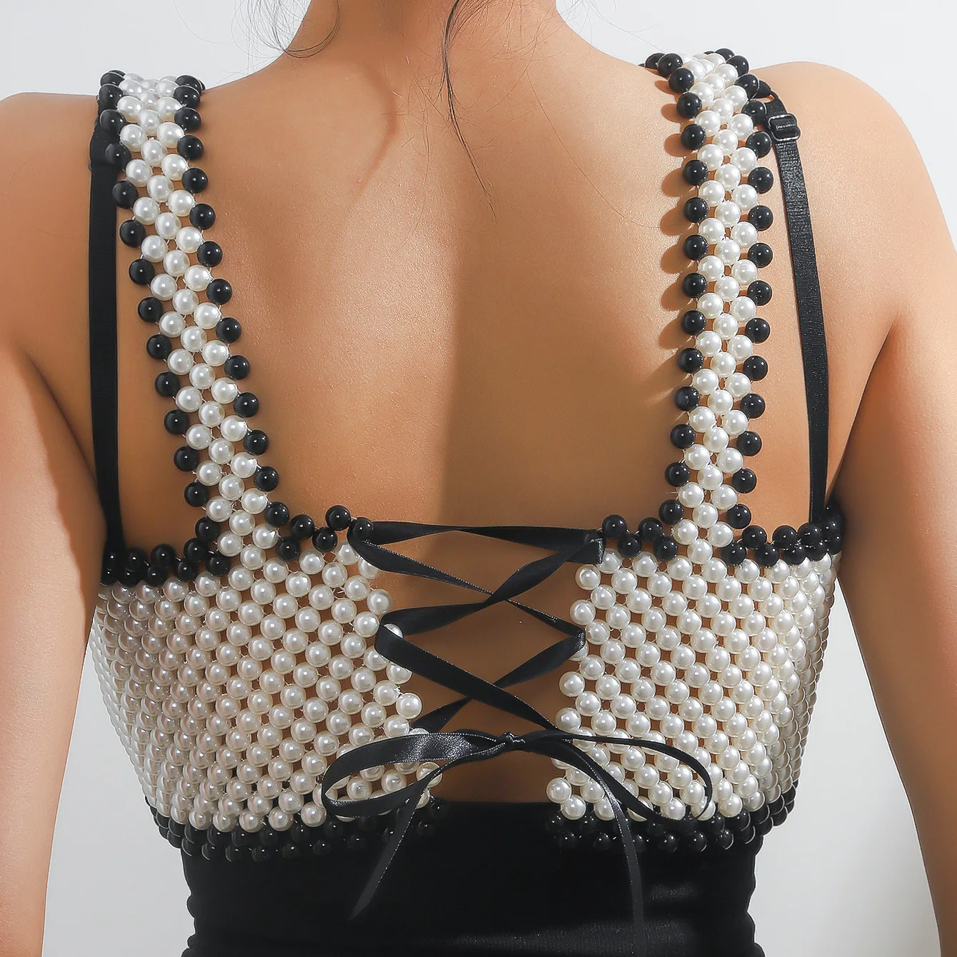 

Vintage Black White Pearl Beaded Bustier Crop Top, Women Spaghetti Strap Cami Top for Club, Beach & Vacation