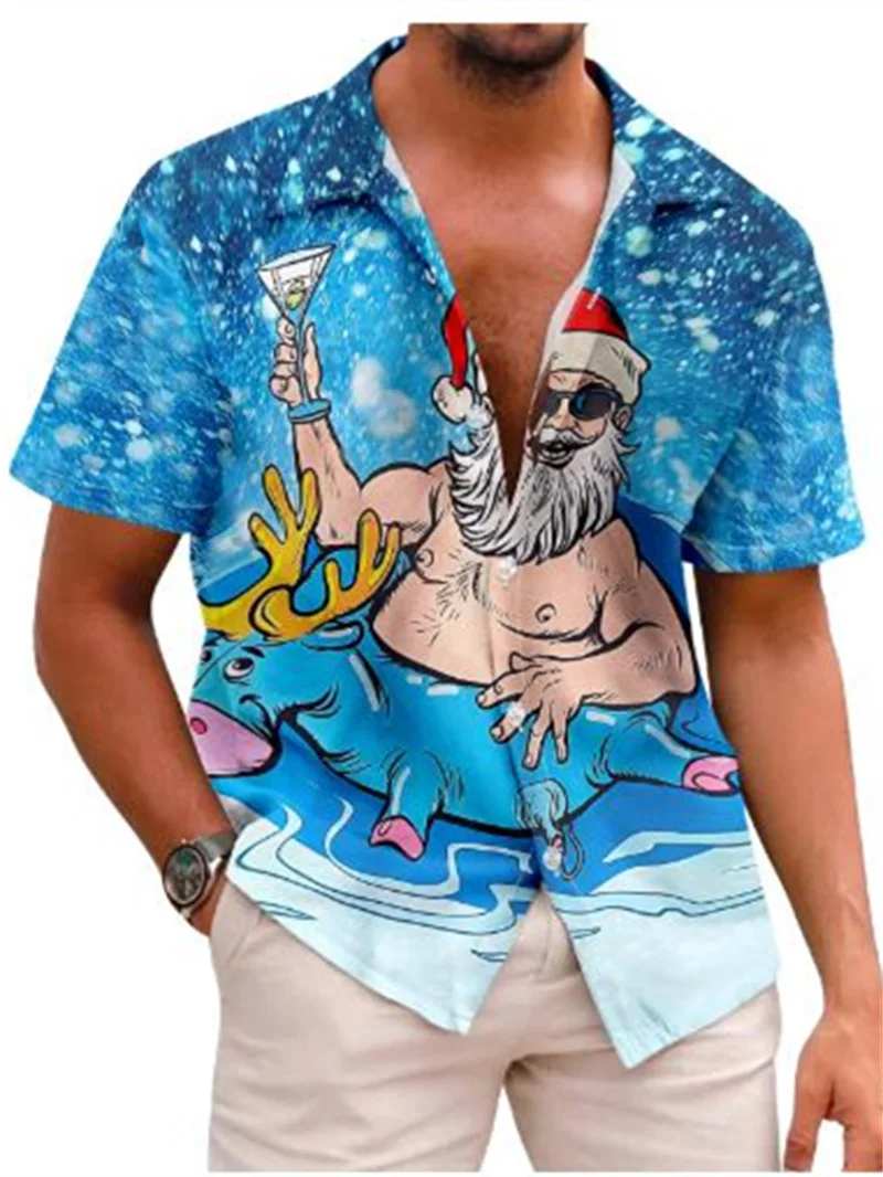 ChristmasNew Year, Hawaii shirt, men\'s 3D Santa Claus printed street short sleeved loose top