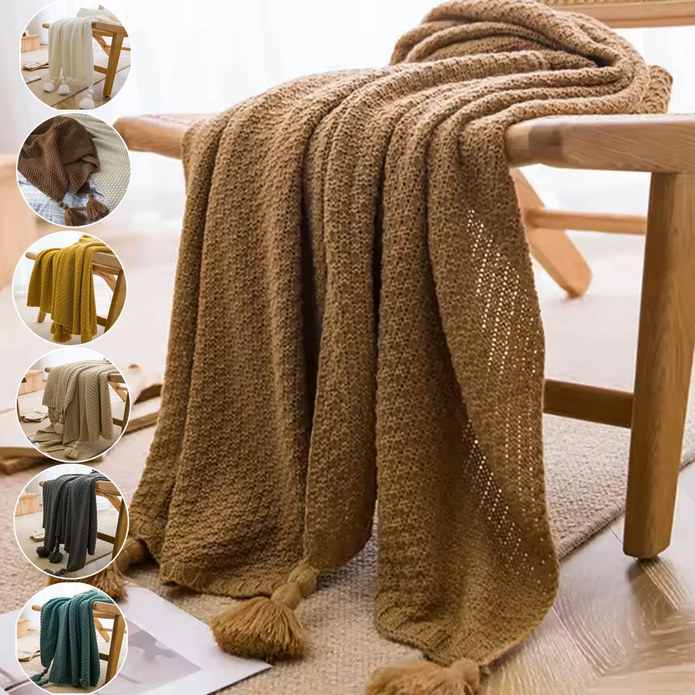 

1PC Nordic Knit Blankets for Bed Sofa Couch Chunky Bedspread Knitted Throw Blanket with Tassel Waffle Embossed Blanket Peitto 담요