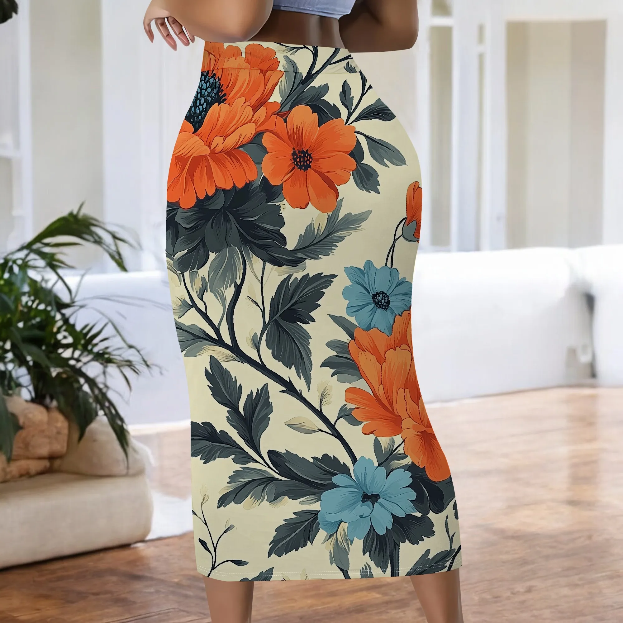 Blumenmuster Bleistiftrock, Orange-Blauer Midi-Rock, Hochtaillierter Bodycon-Rock, Elegante Bürokleidung, S-2XL – Detail 6