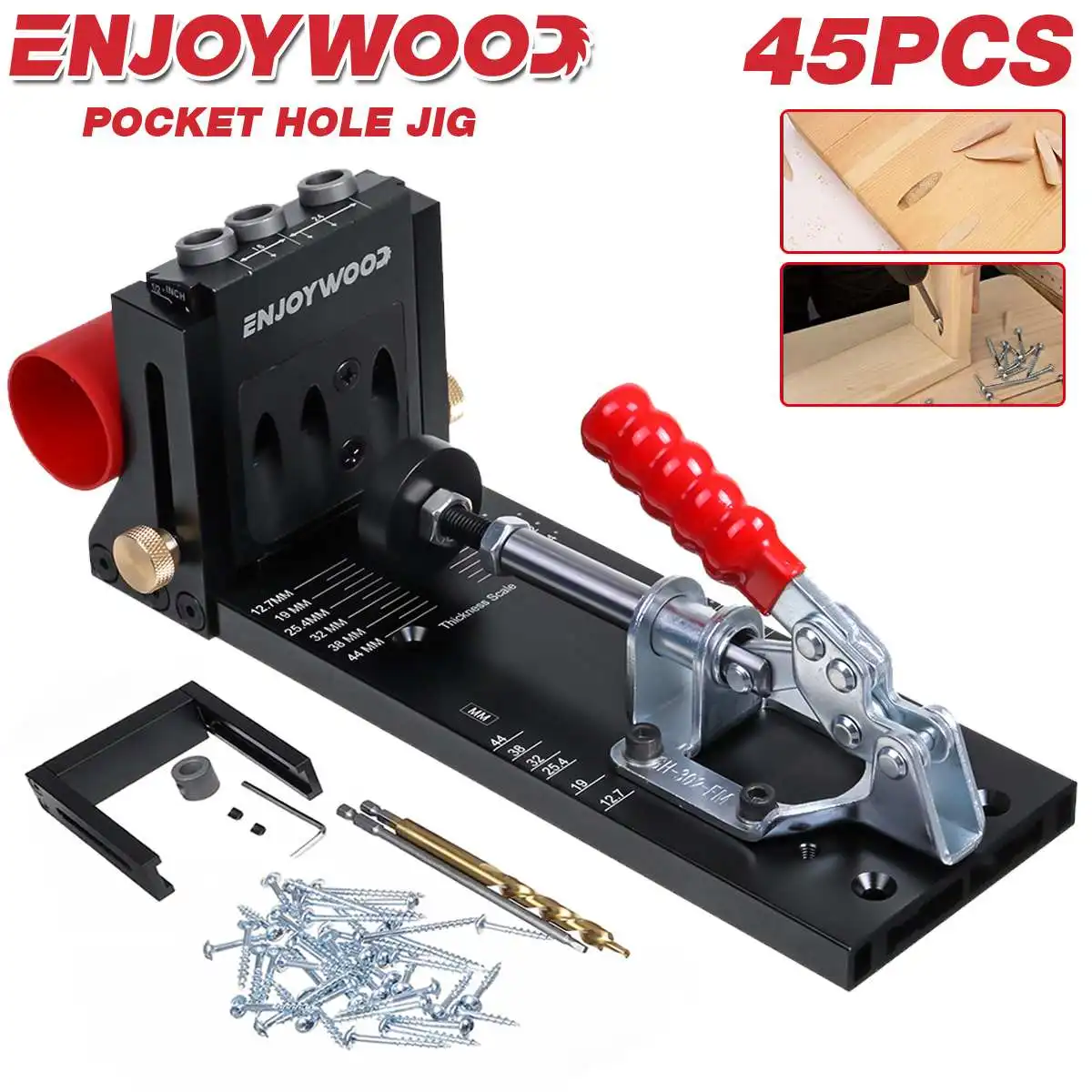Enjoywood-bolso Buraco Jig Kit Liga de Alumínio Ajustável Carpintaria Guia de Perfuração para Furos Angulares Broca 3-hole 9.5 mm 45 Pcs