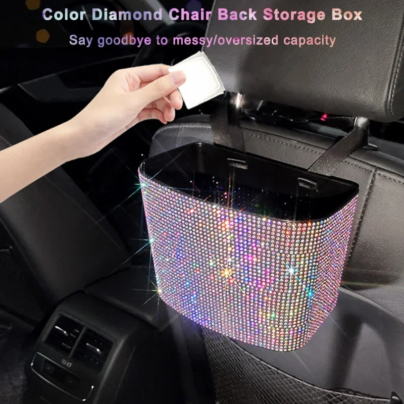 Rhinestone Car Trash Can Storage Bins Plastic Color Diamond Back Storage Box Waterproof Trash Grabber Car Hanging Accessories