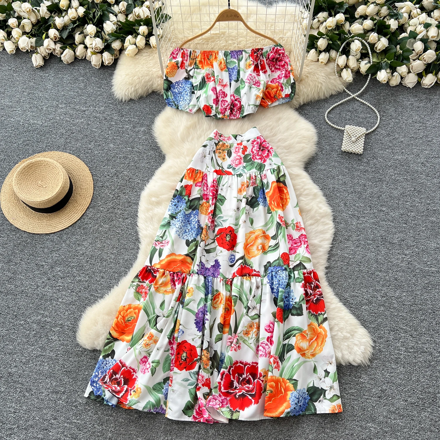 

2025 Summer Holiday Two Piece Sets New Women Short Sleeve Off Shoulder Crop Tops + Zipper Long Skirt Female Beach Senior Suits