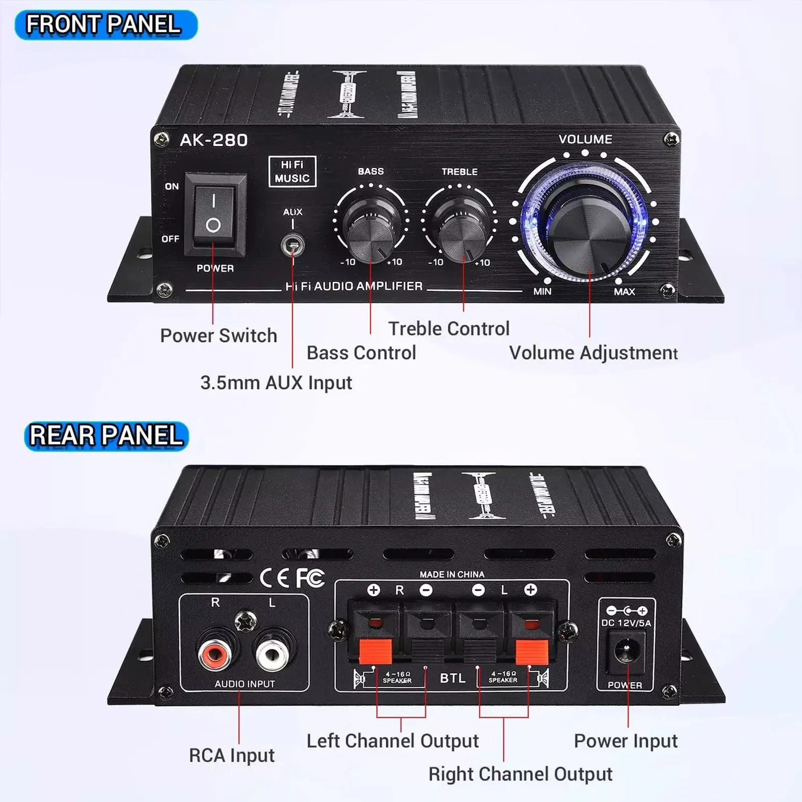 AK280 Amplifier Audio mobil, pengeras Audio Digital Mini daya Audio Stereo cahaya biru untuk teater rumah klub pesta musik 40Wx2 daya