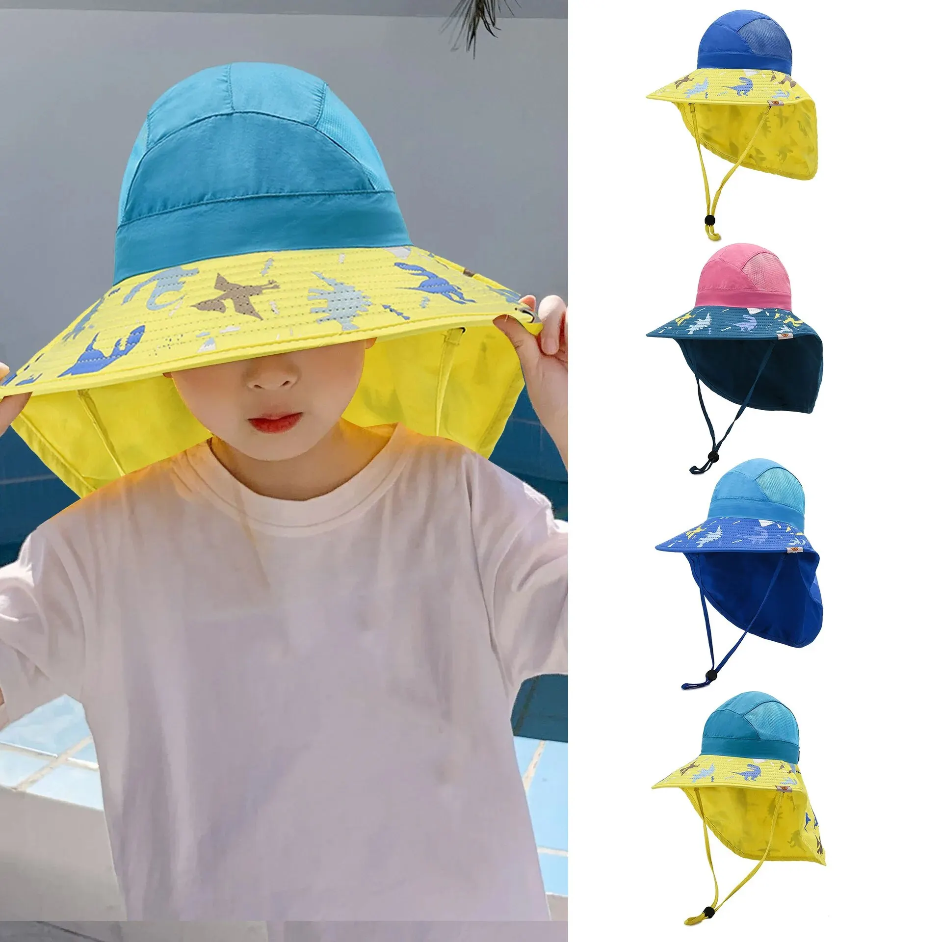 Children's New Outdoor Sunshade Sunscreen Bucket Hat, Boys & Girls Print Breathable Face Hat, Dinosaur Beach Hat