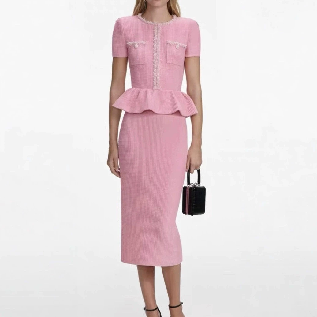 

Вязаное платье миди с жемчугом для женщин, с короткими рукавами и оборками, искусственный облегающий элегантный халат из двух предметов, осень 2026