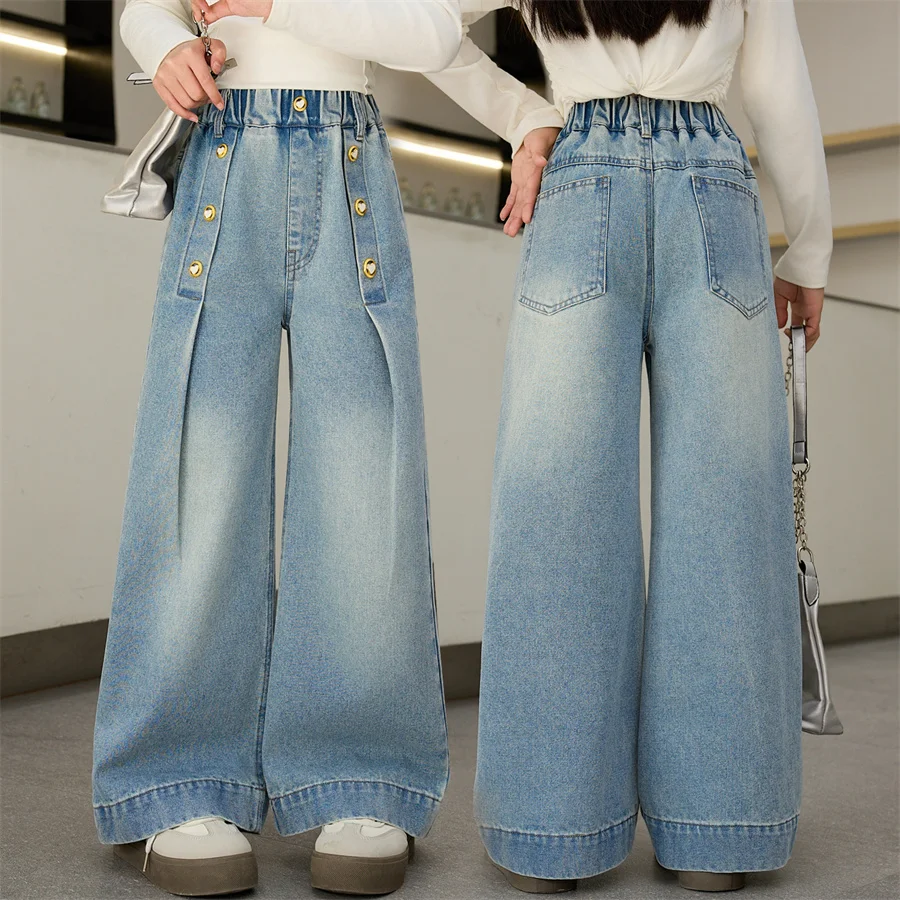 New Design Kids Street Loose Straight Fit Stacked Jeans with Buttons for Girls Fashion Denim Pants Children Casual Trousers 5-14