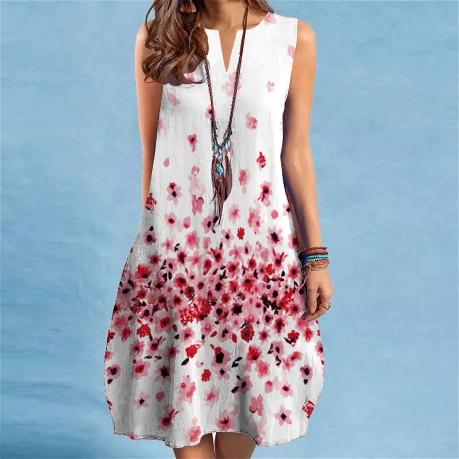 Floral Print V Neck Dress New Women's Summer Casual Fashion Outdoor Vacation Sleeveless Skirt Loose Pullover Beach Shirt Dress