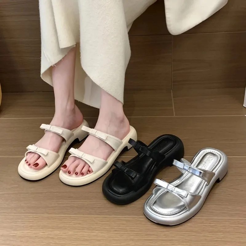 Women Slippers 2024 New Summer Women Square Root Fashionable Open Toe Low Heels Sandals Black Comfortable Slippers Slides Women